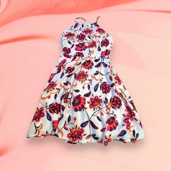 Express Vibrant Pink Cream Floral Mini Fit & Flare Summer Dress Size 4 - Picture 1 of 12